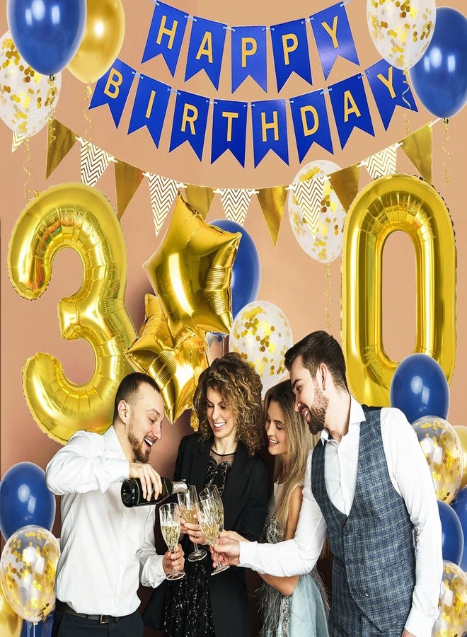 Douvelue 30th Birthday Decorations for Him, Navy Blue Gold Balloons and Happy Birthday Banner, 40 Inch Number 30 Foil Balloons with Bunting, for Men Women Party Decoration - Image 4